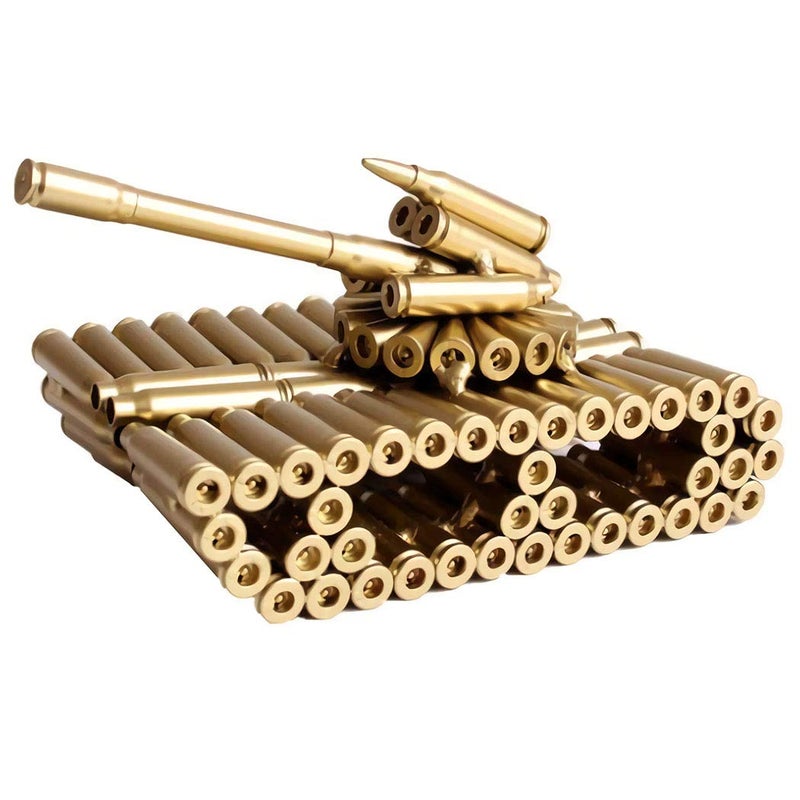 Singeek Bullet Shell Casing Shaped Army Tank Metal Sculpture,Great Decorative Artwork Model Gift for Home,Study Room Decorations (Gold Disc Style) - Image 1